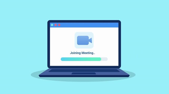 Animated illustration of a laptop displaying joining process for an online meeting, ideal for virtual communication and webinar concepts.