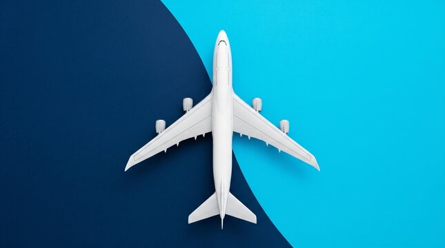 Minimalist white airplane model on blue background, overhead view of toy aircraft for travel and aviation concepts, flat lay jet plane
