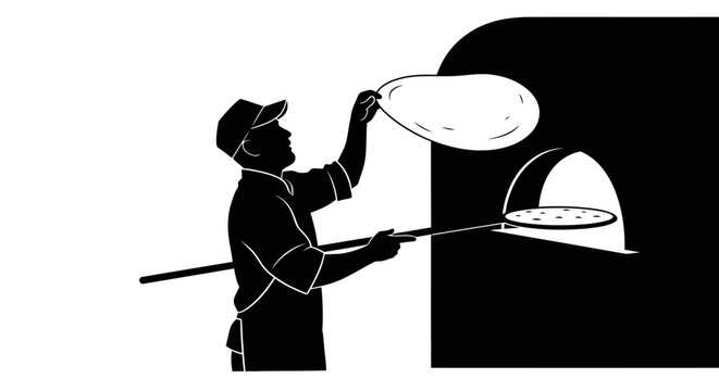 Chef skillfully tosses pizza dough in preparation for baking process.