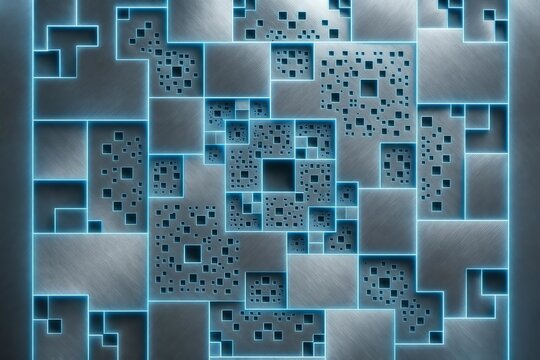 Recursive geometric fractals made of brushed aluminum and neon strips