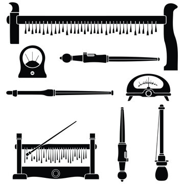 A collection of silhouette vector line art illustrations depicting various scientific instruments.