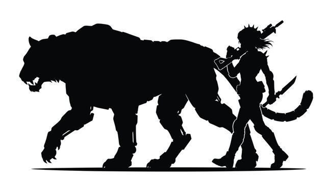 Silhouette of a fierce warrior woman walking alongside her large mechanical tiger in this action shot