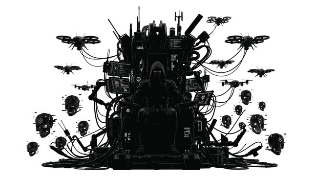 Cybernetic warrior sitting on a complex technological throne surrounded by flying drones and digital skulls