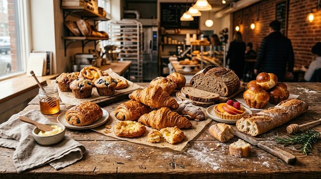 Freshly baked assorted croissants and breads in bakery display case baked breads