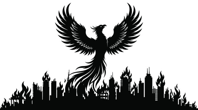 A majestic phoenix bird rising with wings spread above a city engulfed in intense raging flames