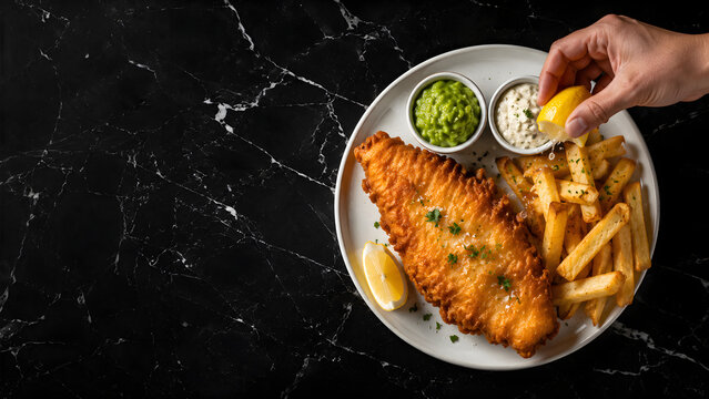 Professional Top-Down Photography of Fish and Chips on Black Marble Table