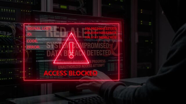 Hacker attacking secure network server system with red alert data breach warning displayed on monitor screen in dark data center.