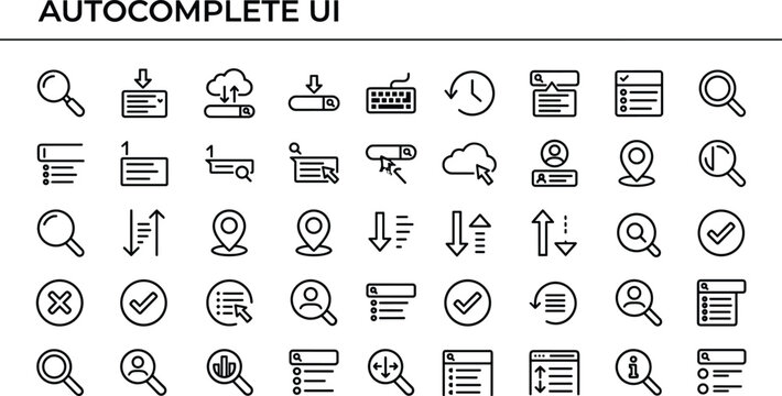 Autocomplete UI icons collection for search suggestions, input fields, dropdown results and digital interface design