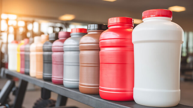 Row of various protein supplement bottles on a rack with protein powder, plant based