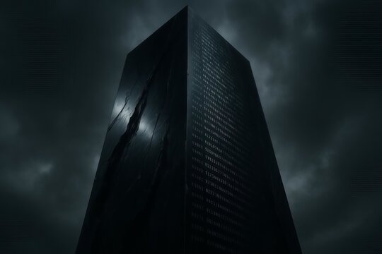 Cinematic low-angle shot of a towering obsidian data monolith