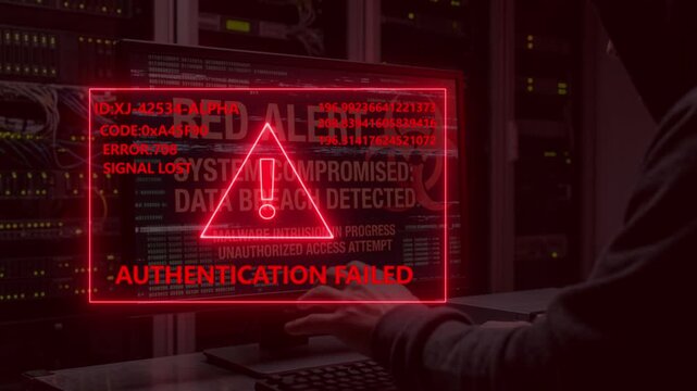 Hacker sitting at desk looking at red computer screen with system failure alert message.