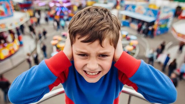 Young boy covering ears and frowning at amusement park ride  