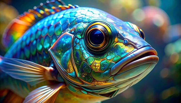 Tropical Fish Digital Illustration With Iridescent Teal And Orange Scales In A Macro Close Up Profile View Within A Blurry Underwater Environment