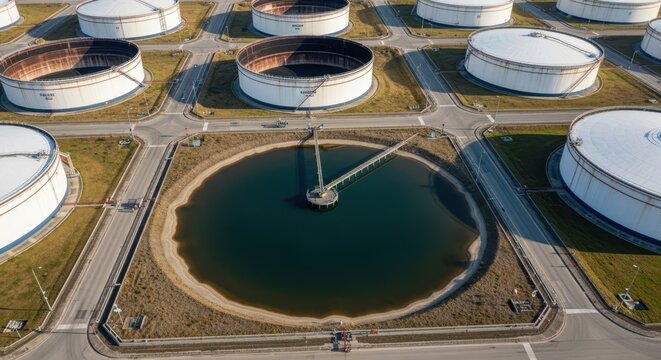 Aerial View of Large Industrial Tank Farm Featuring Multiple Storage Tanks and a Central Water Containment Pond
