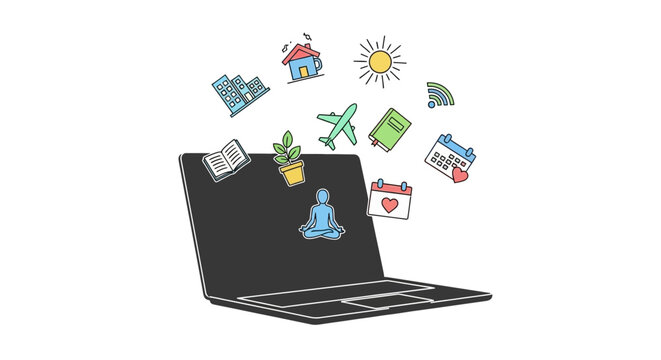Open laptop with floating colorful hand drawn lifestyle and business icons.