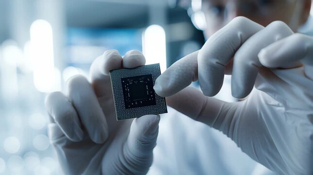 Scientist holding a microchip in a laboratory environment