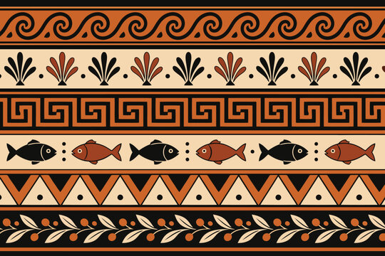 Ancient greek style seamless pattern border with fish and geometric shapes