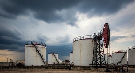 Obraz premium Massive industrial oil storage tanks situated under a dramatic, stormy sky at an energy facility