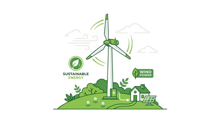 Obraz premium Visualizing a commitment to sustainable energy practices through a spinning wind turbine and a home with solar panels in a harmonious green landscape depicting renewable power generation for