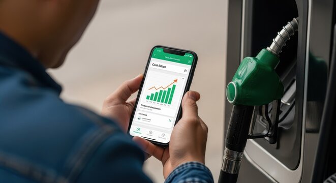 Consumer checking smartphone app displaying rising fuel prices at a gas station