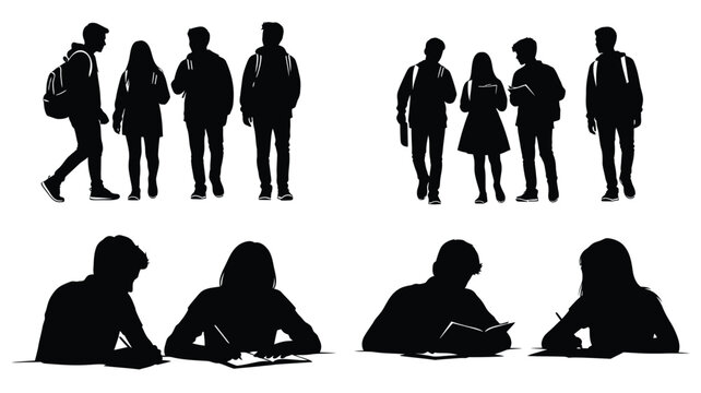 group of students with backpacks and books silhouette