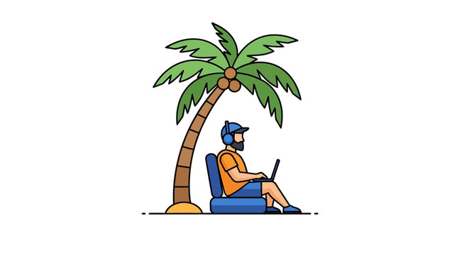 A bearded man working on a laptop while sitting under a palm tree.