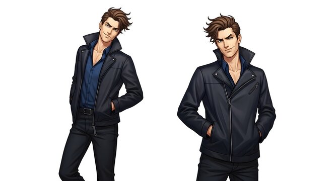 Two confident illustrations of a stylish young man with brown hair, dressed in a sleek dark leather jacket and blue shirt, exuding charm and contemporary fashion appeal