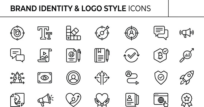 Brand identity and logo design icons collection for visual branding, marketing strategy, and corporate style guide