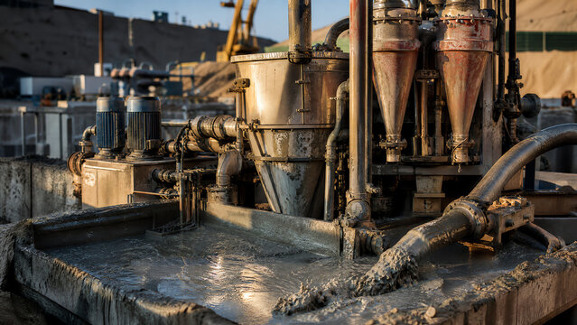 Photoreal industrial editorial photograph of slurry bentonite mixing plant on a deep diaphragm wall site with high-shear colloidal mixers desander cyclones and a re-circulation pump pulling