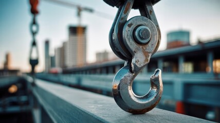 Naklejka premium Close up of a heavy duty metal crane hook at a city construction site