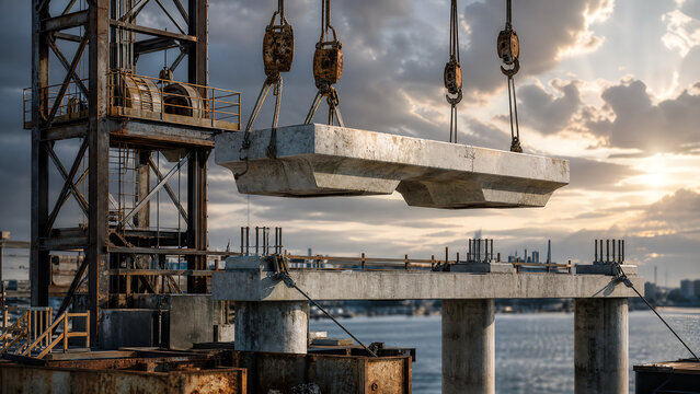 Photoreal industrial editorial photograph of tugger winch tower craning a precast concrete pier cap onto a freshly poured marine pier with twin tagline pendants under tension and a survey crew