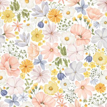Watercolor colorful seamless pattern with delicate wildflowers, green leaves and branches. Isolated floral illustration for summer textile, wrapping paper, background or cover. Hand-drawn print.