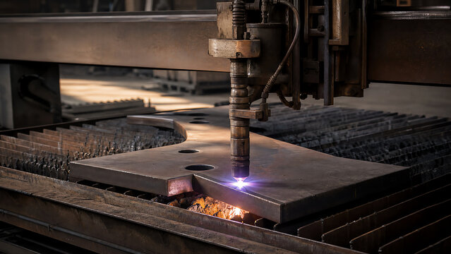 Photoreal industrial editorial photograph of high-definition plasma arc cutting torch on a CNC gantry table cutting a 25 millimeter thick mild steel bridge gusset plate with a clean kerf and