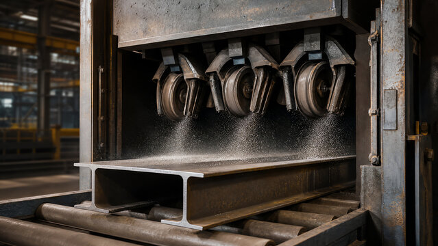 Photoreal industrial editorial photograph of wheel-blast cabinet inside an open-frame shot blasting machine showing four turbine wheels throwing steel grit at a freshly fabricated structural