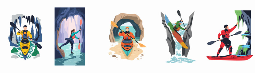 Vector illustration collection of people kayaking and exploring sea caves, waterfalls, and rocky grottoes in colorful flat design style. © Rolas