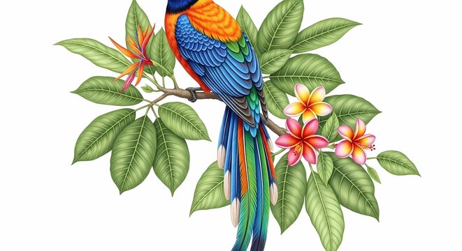 Colorful parrot illustration perched on a floral branch isolated on white background
