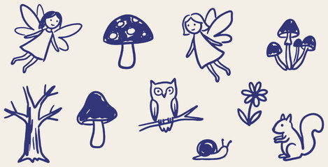 Charming Hand-Drawn Forest Elements: Fairies, Mushrooms, Owl, Squirrel, and Tree Illustrations. © Riki