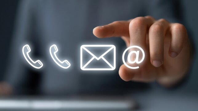Hand Pointing to Digital Communication Icons Phone Email and Internet Symbols