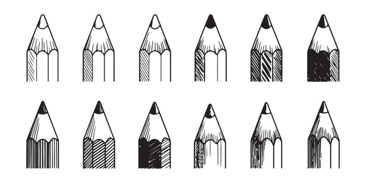 Pencil tip sketch icons set with various hatching styles for hand drawn illustration and art concept designs.