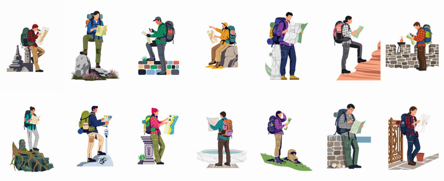 Collection of diverse hikers and travelers with backpacks and maps exploring various scenic landscapes and historic sites around the world.