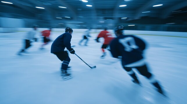 Players compete in a hockey match at an indoor rink during an evening practice session in a sports facility