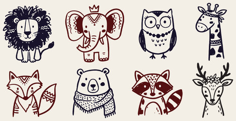 Naklejka premium Cute hand-drawn animal faces collection: lion, elephant, owl, giraffe, fox, bear, raccoon, and deer in doodle style.