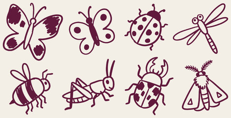 Set of hand-drawn doodle insects including butterflies, ladybug, dragonfly, bee, grasshopper, beetle, and moth on a light background. © Riki