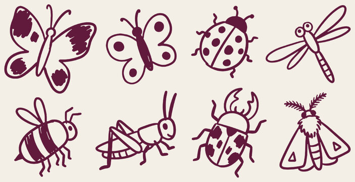 Set of hand-drawn doodle insects including butterflies, ladybug, dragonfly, bee, grasshopper, beetle, and moth on a light background.
