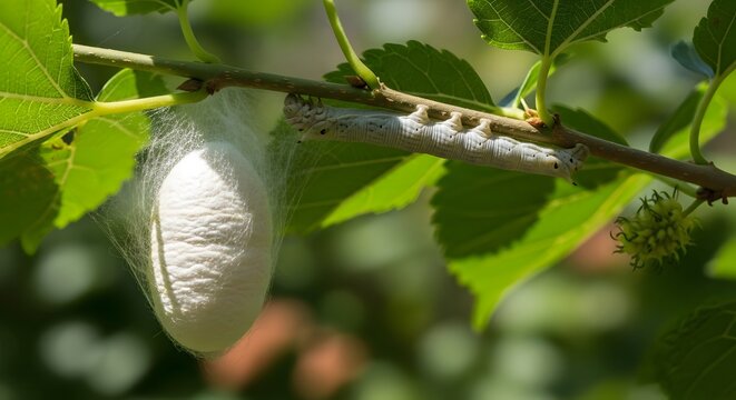 Silken cocoon and caterpillar on a branch amidst lush green foliage
