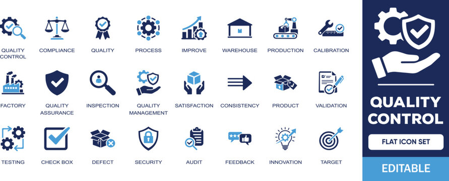 Quality Control editable solid icon set. Containing compliance, quality, process, improve, warehouse, innovation, feedback, product, inspection and more illustration vector icons collection.