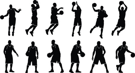 Black, and, white, basketball, player, silhouette, set, of, twelve, dynamic, poses, jumping, shooting, dribbling, dunking, athletes, sports, action, icons, collection © MdAbdul