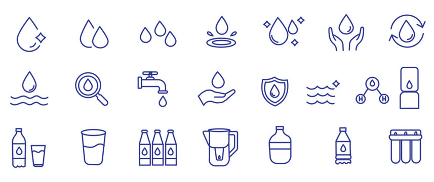 water linear icon collection. Drop Water, Mineral Water, Low and High Tide, Shower, Plastic Bottle and Glass. Editable stroke. Vector illustration