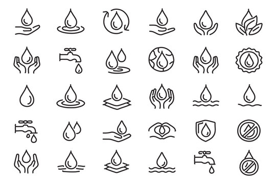 water linear icon collection. Drop Water, Mineral Water, Low and High Tide, Shower, Plastic Bottle and Glass. Editable stroke. Vector illustration