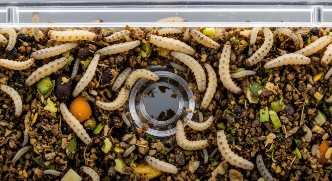 Close up of mealworm beetles in a container with food debris